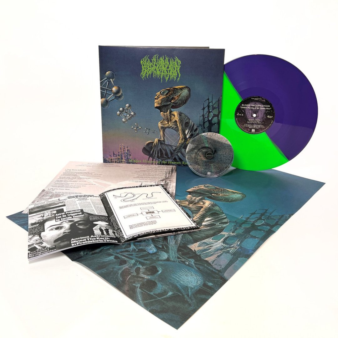 Blood Incantation - Hidden History of the Human Race - Ltd. Gatefold Distant Universe Split LP+CD & LP-Booklet & Poster - Neon Green-Lilac Split Vinyl - BeatRelease